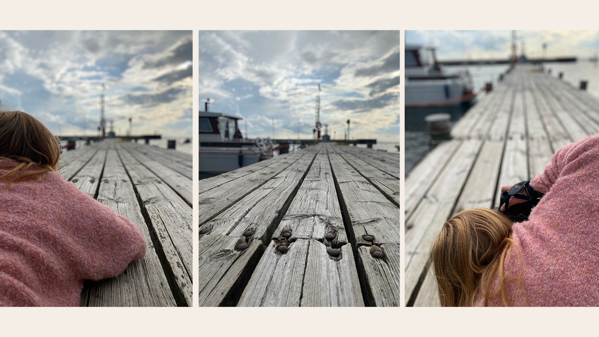 3 bilder av flicka som ligger på ner och fotograferar brygga.